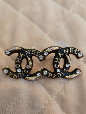 Black and Gold Enamel Earrings w/Crystal Detail  New